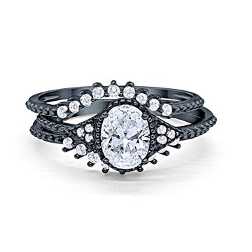 Three Piece Bridal Set Oval Round Black Tone, Simulated CZ Wedding Ring 925 Sterling Silver